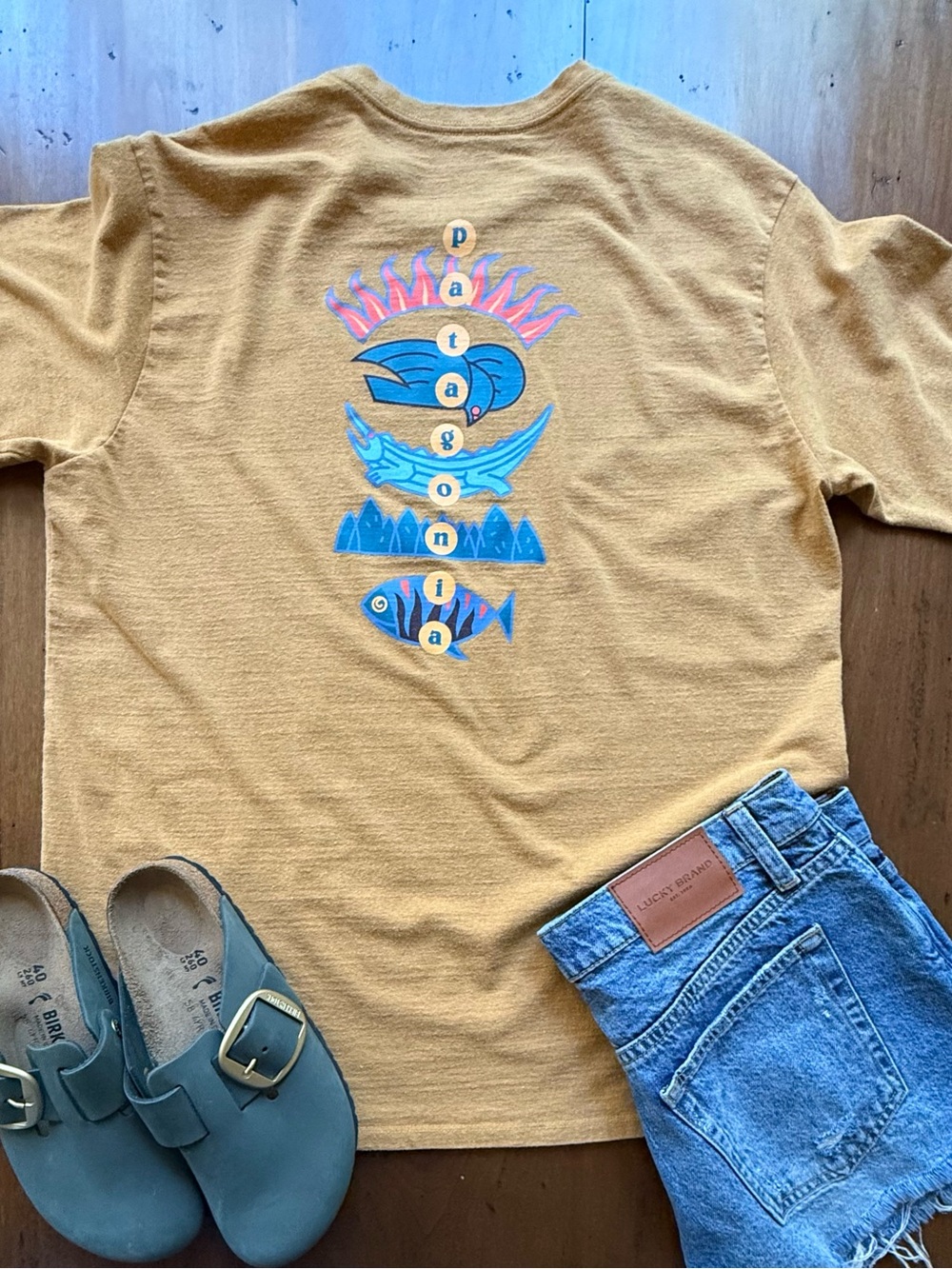 Patagonia Fitz Roy Wild Responsibili-Tee Shirt Mustard Back Graphic Outdoor